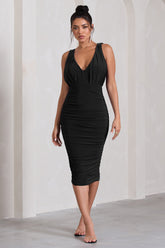 Black Ruched Plunge Sleeveless Midi Dress